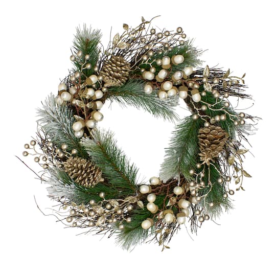 Northlight Unlit Acorn and Pine Cone Flocked Pine Needle Artificial Christmas Wreath - Green